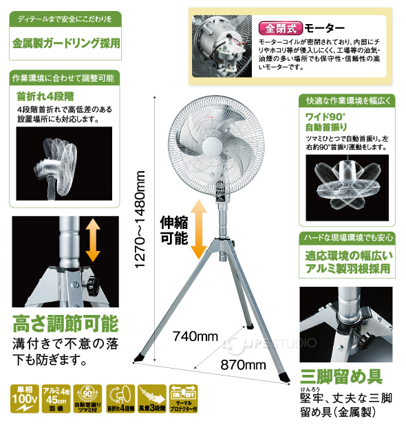 45cm全閉式アルミハイスタンド扇 CF-45S NAKATOMI ナカトミ 業務用 工業用 乾燥 送風 換気 工場 扇風機:ルーペスタジオ