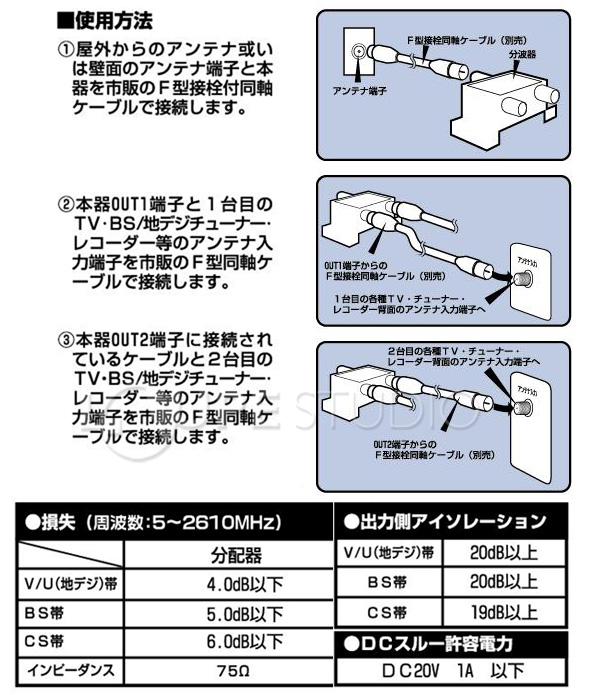 アンテナ2分配器 BS/CS/地デジ対応 全端子電流通過型 エコパッケージ ホーリック 【ケーブル別売り】 HORIC :ルーペスタジオ